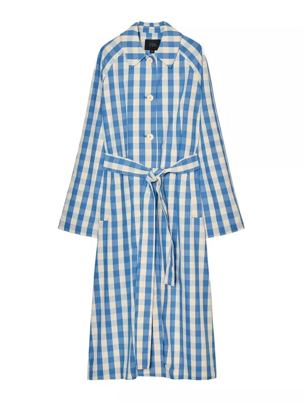Zara Blue and White Gingham Trench Coat, Medium